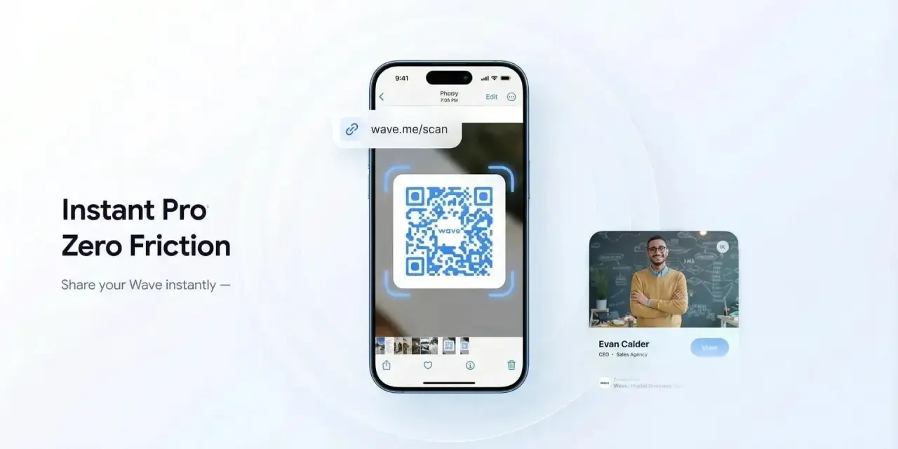 Come leggere QR code: un telefono inquadra un QR code Wave per condividere istantaneamente un contatto.