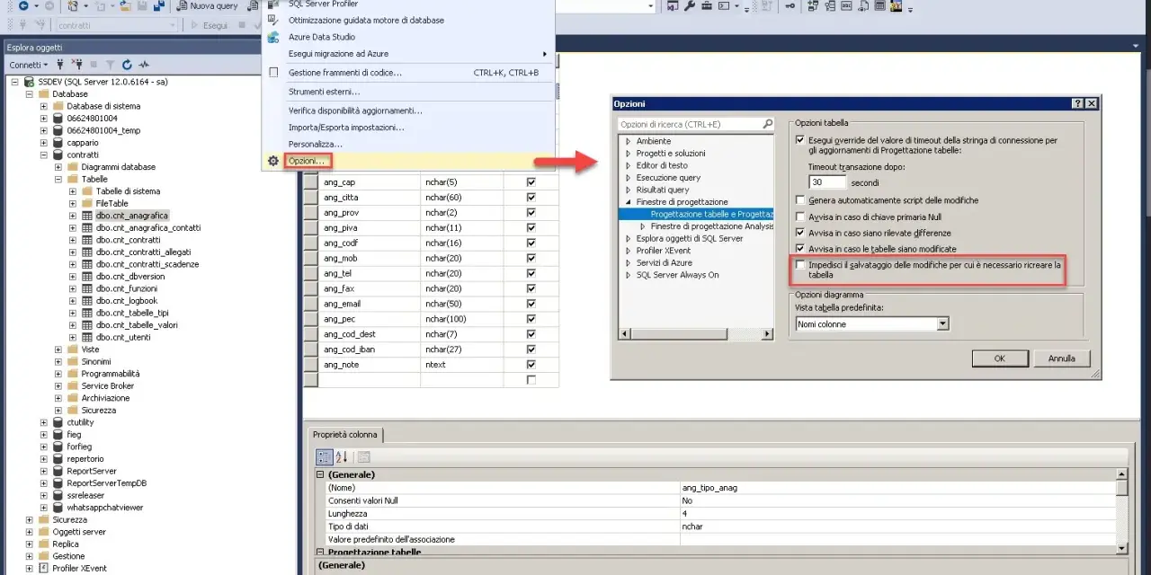 Opzioni per impedire il salvataggio delle modifiche che richiedono di eliminare tabella SQL.