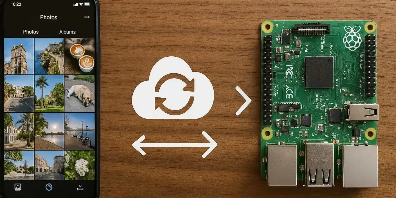 Smartphone con foto e scheda Raspberry Pi, con un'icona cloud che simboleggia la sincronizzazione, ideale per progetti raspberry android.