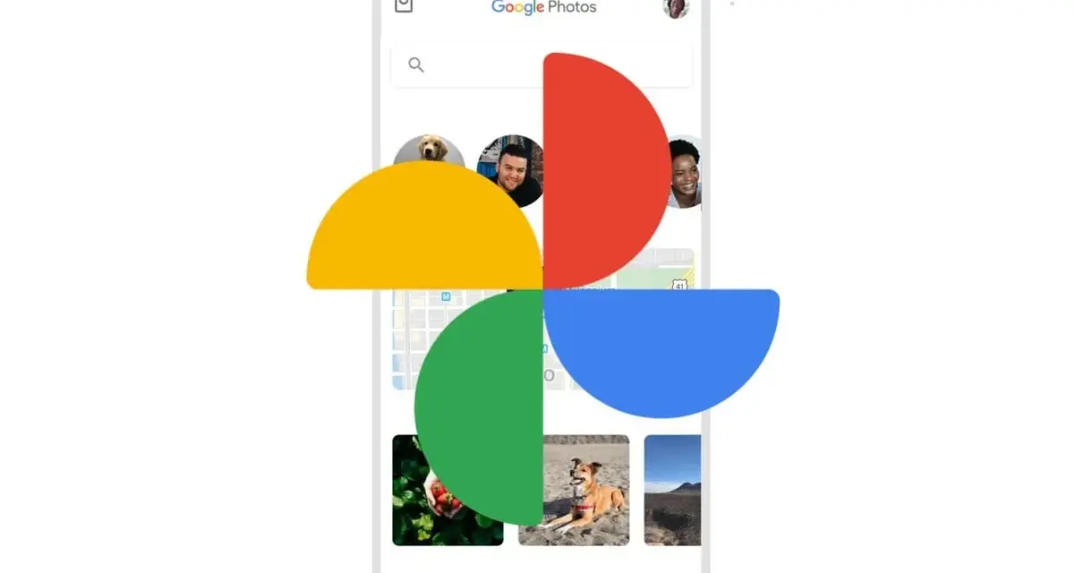 Schermata di Google Foto con il logo colorato sovrapposto. L'app mostra foto di persone, cani e paesaggi, organizzate nell'archivio.