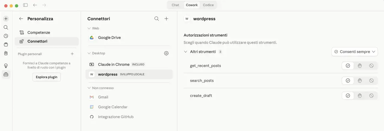 Interfaccia di personalizzazione connettori, dove è selezionato wordpress per lo sviluppo locale. Claude può usare strumenti come get_recent_posts.
