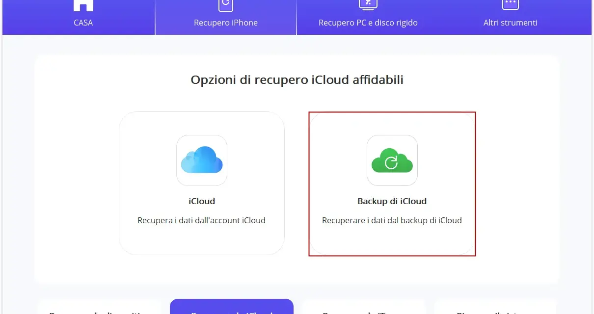Interfaccia software per la modalità recupero iPhone, con opzioni per recuperare dati da iCloud o backup iCloud.