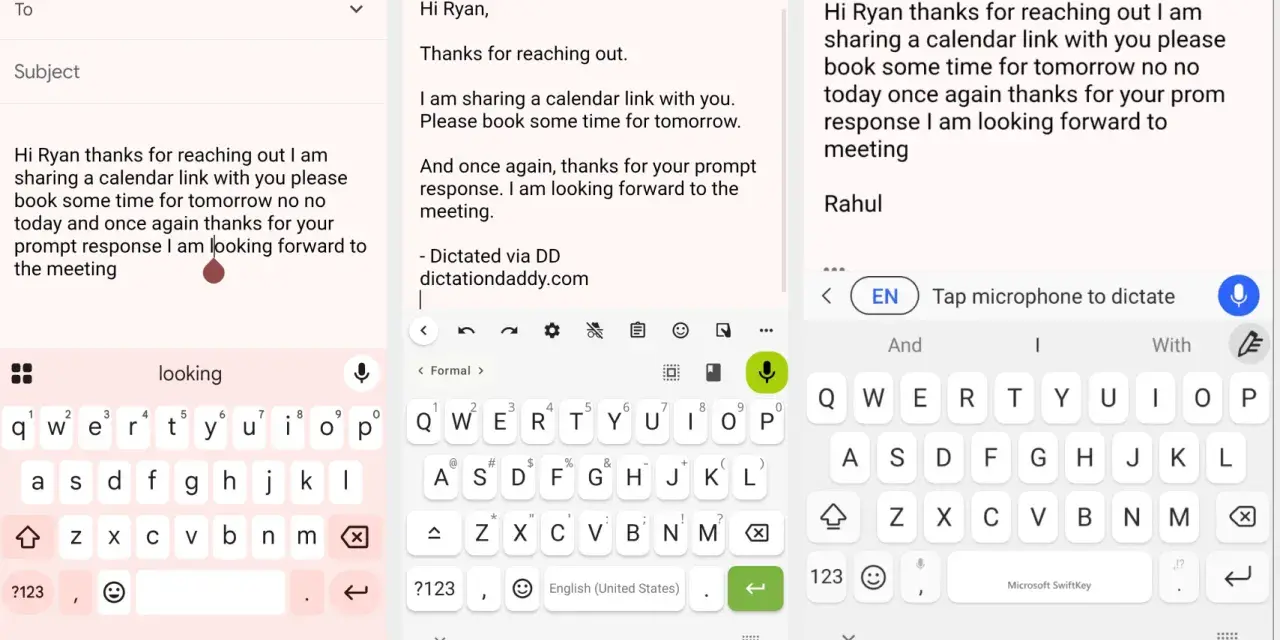 Schermate di un telefono che mostrano le impostazioni tastiera telefono e un'email.
