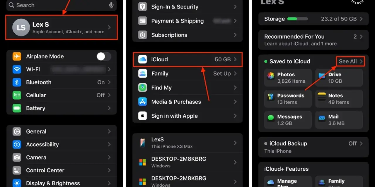 Schermate impostazioni iPhone per gestire l'account Apple e iCloud. Mostra come eliminare account Apple tramite iCloud.