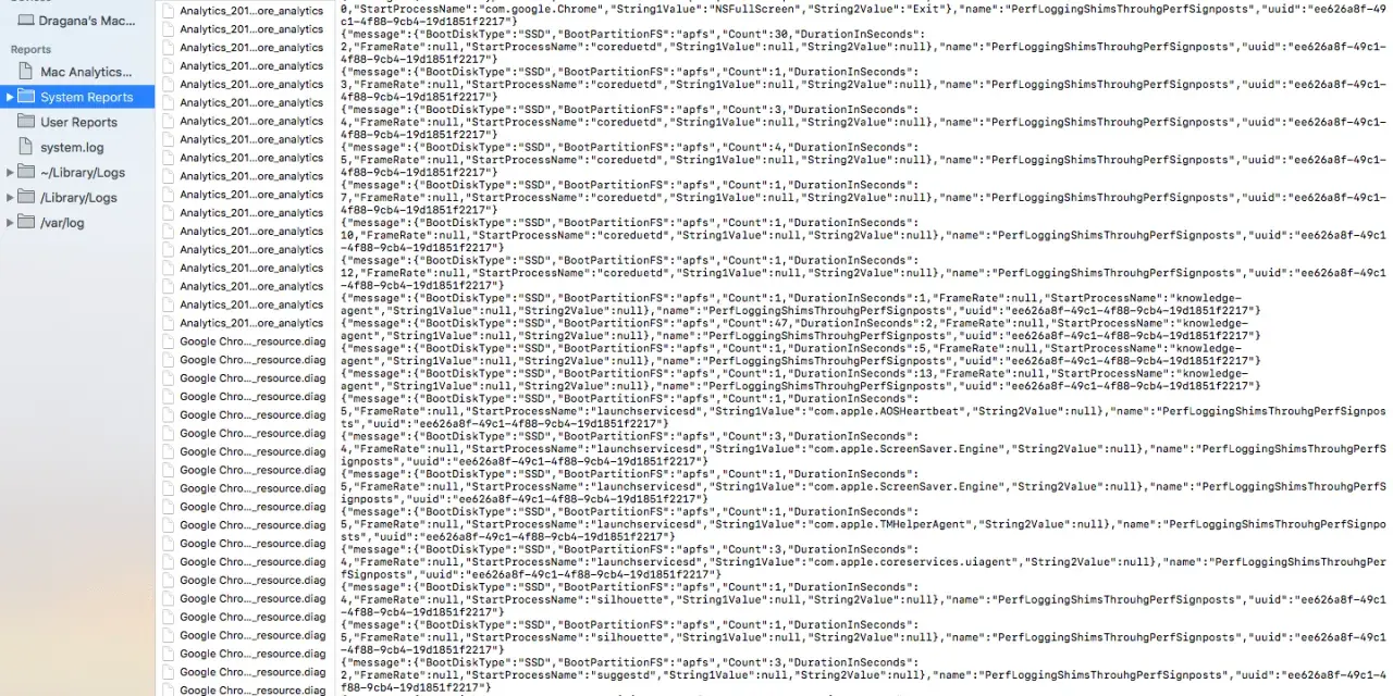 Un registro di sistema mostra dettagli su processi e attività del computer, con messaggi che indicano la durata e il tipo di operazioni.