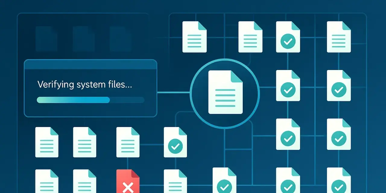 Verifica file di sistema con comando scannow. Icone di file con spunte verdi, una rossa con X.