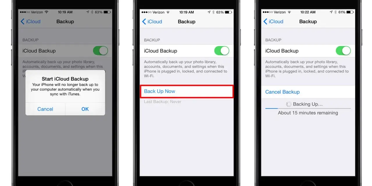 Schermate iPhone mostrano come fare il backup su iCloud. Tocca "Esegui backup adesso" per avviare il processo.