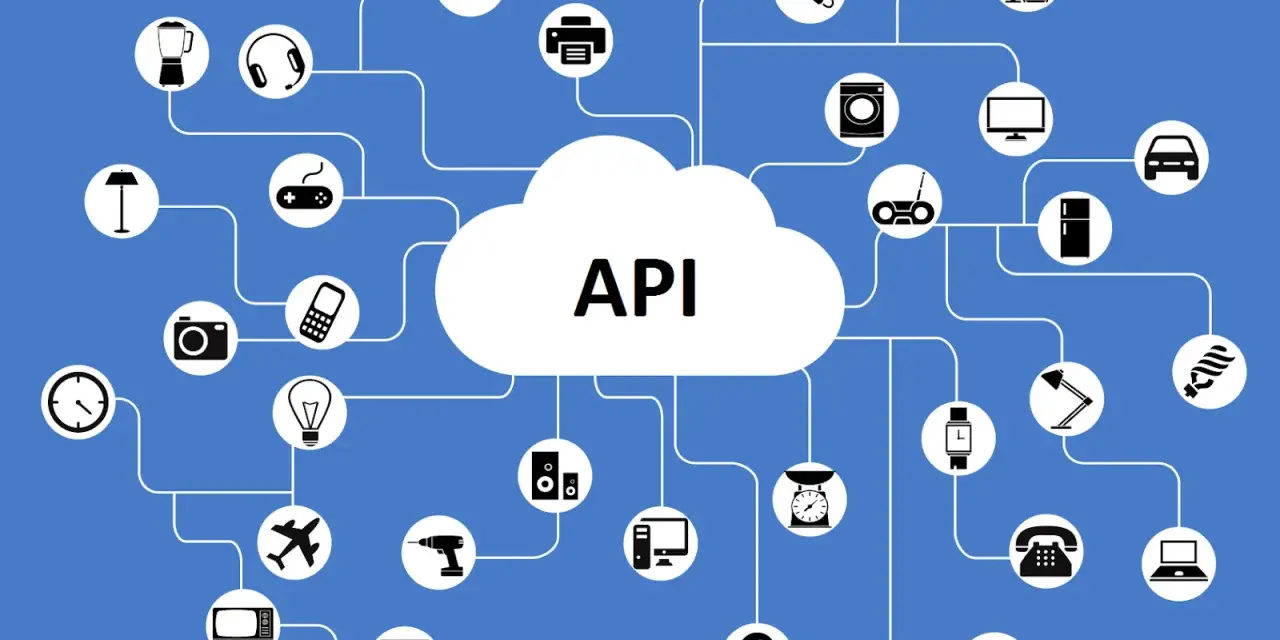 Schema di connessione tra un cloud con la scritta "API" e vari dispositivi smart: elettrodomestici, auto, computer, ecc.