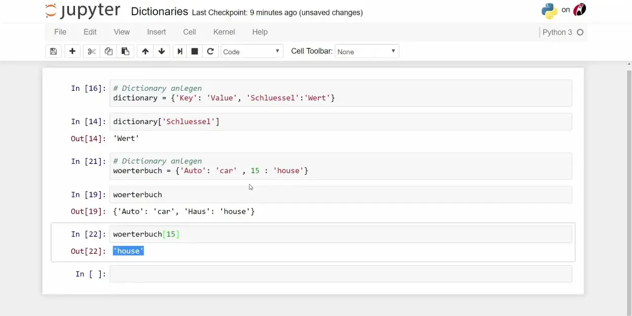 Esempio di codice Python che mostra la creazione e l'uso di un dizionario, con chiavi e valori in italiano e tedesco.