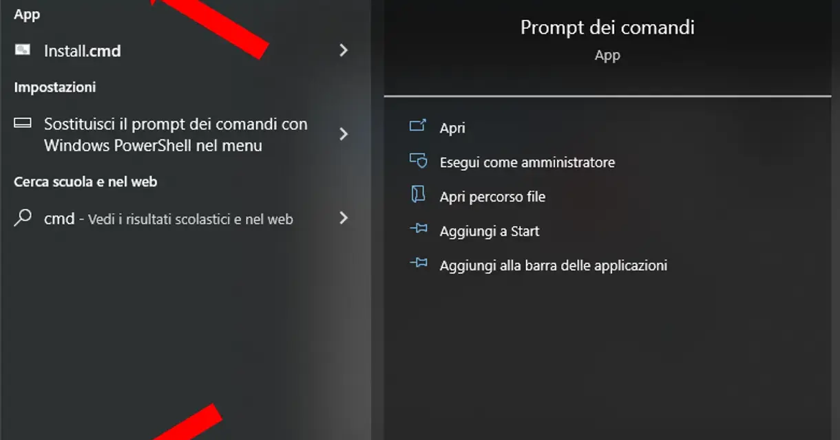 Menu Start per aprire cmd. Cerca "cmd" per trovare il prompt dei comandi e le opzioni per aprirlo.