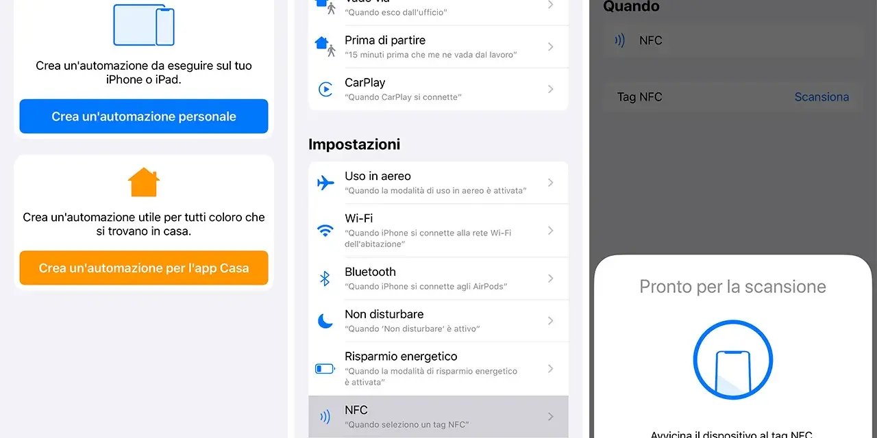 Configurazione automazione iPhone: seleziona NFC per creare un'azione rapida con un tag.