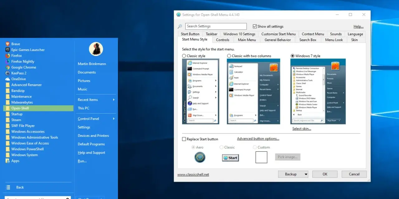 Impostazioni di Open-Shell per personalizzare il tasto Start Windows 10.