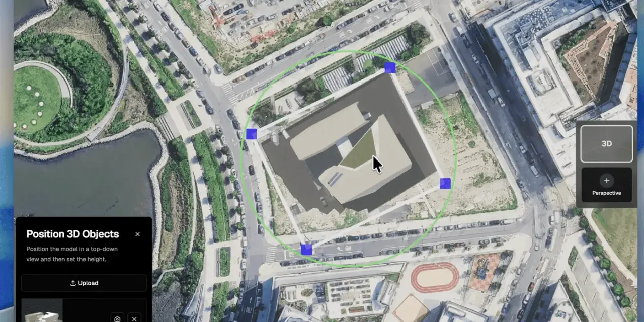 Interfaccia per posizionare un file obj 3D su una mappa aerea, con strumenti di manipolazione visibili.