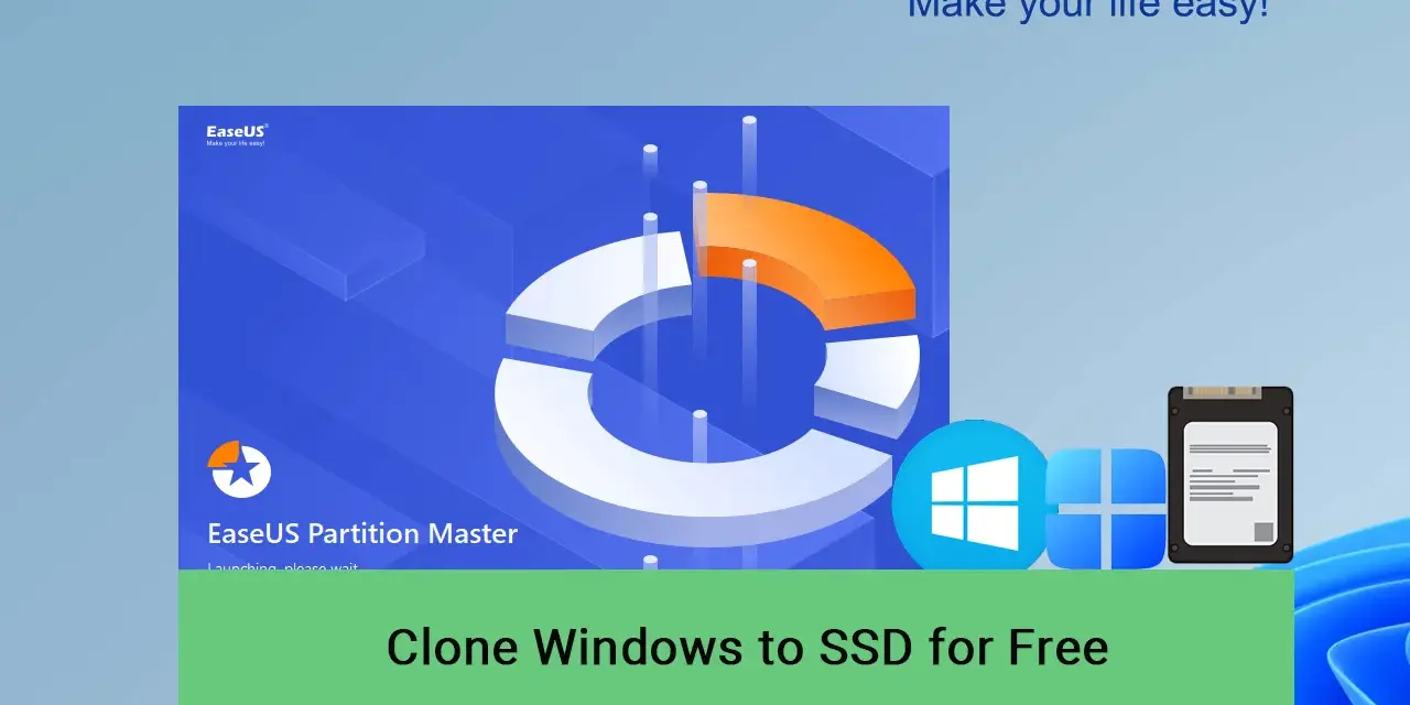 Clonare hard disk Windows 10 gratis con EaseUS Partition Master. Icone Windows e SSD.