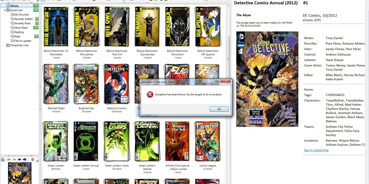 Errore nell'esecuzione dello script: "Exception has been thrown by the target of an invocation." Visualizzato su ComicRack, con copertine di fumetti come Detective Comics.