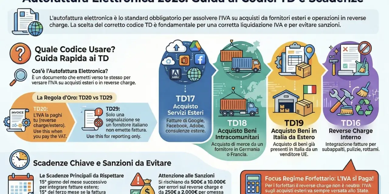 Guida all'autofattura elettronica 2026: codici TD per acquisti esteri, beni intracomunitari e reverse charge interno. Evita sanzioni!