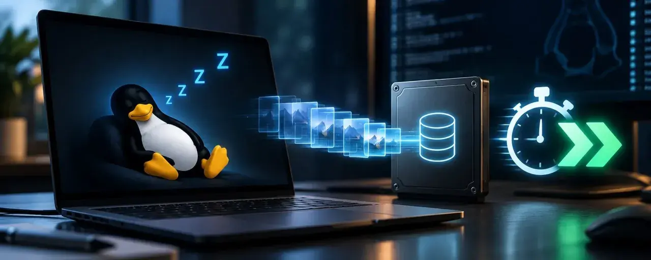 Tux, il pinguino Linux, dorme profondamente mentre i dati vengono trasferiti su un disco esterno. Sto eseguendo l'ibernazione del sistema per un rapido ripristino.