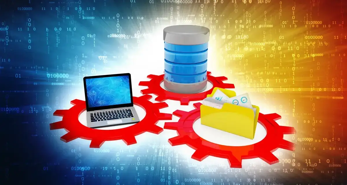 Un laptop, un database e una cartella su ingranaggi rossi, con codice binario sullo sfondo. Simboleggia la gestione dei dati e il ruolo di sql server agent.