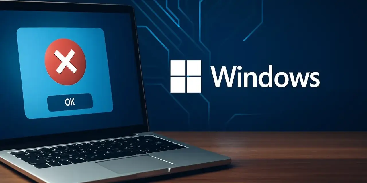 Laptop con errore di sistema Windows 10. Icona rossa con X e pulsante OK. Ripristino file di sistema necessario.