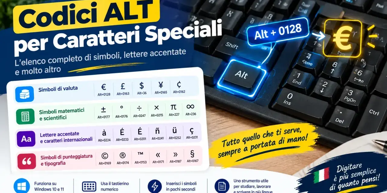 Mappa caratteri speciali: scopri come inserire simboli, valute (€) e lettere accentate con i codici ALT.