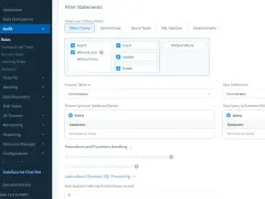 Configurazione di filtri per query SQL: selezione di tipi di elaborazione (SELECT, INSERT, UPDATE, DELETE) e gestione di tabelle e oggetti database.