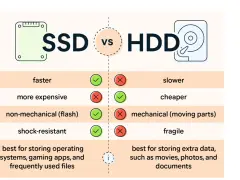 Confronto tra SSD e HDD: che cos'è l'hard disk? L'SSD è più veloce, non meccanico e resistente agli urti, ideale per sistemi operativi. L'HDD è più lento, economico e fragile, ottimo per archiviare dati.
