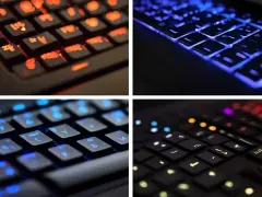 Tastiere illuminate con colori vivaci: rosso, blu e giallo. Le stellette sulle tastiere brillano, creando un'atmosfera futuristica.