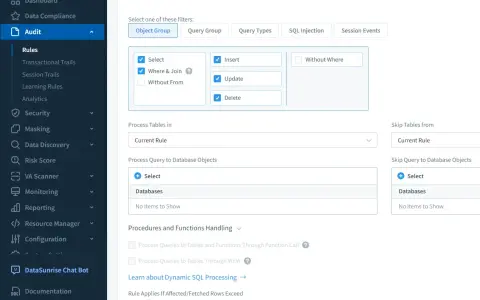 Configurazione di filtri per query SQL: selezione di tipi di elaborazione (SELECT, INSERT, UPDATE, DELETE) e gestione di tabelle e oggetti database.