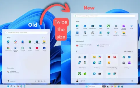Il menu Start di Windows 11 è il doppio delle dimensioni di quello di Windows 10, con un layout più ampio e organizzato.