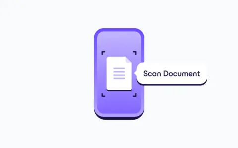 Icona stilizzata di uno smartphone viola con un documento e la scritta "Scan Document". Utile per la scansione documenti iPhone.