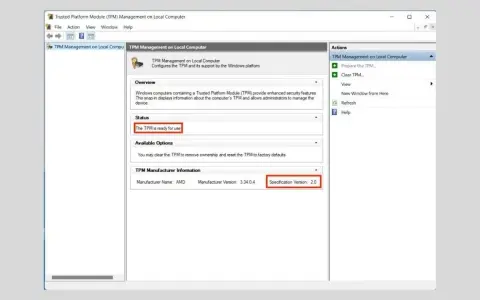 Schermata di gestione TPM: "The TPM is ready for use" e versione 2.0. Utile per abilitare TPM 2.0 nel PC.