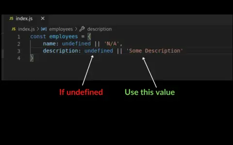 Codice JavaScript che mostra l'uso dell'operatore ternario per assegnare un valore di default se la variabile è undefined.
