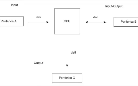 Schema che illustra cosa significa input: Periferica A invia dati alla CPU. La CPU comunica con Periferica B (input-output) e invia dati a Periferica C (output).