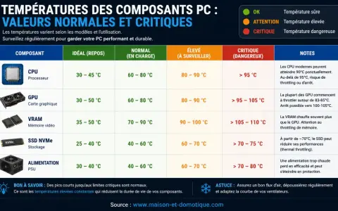 Grafico che mostra le temperature normali e critiche dei componenti del PC: CPU, GPU, VRAM, SSD, PSU. Monitorare la temperatura pc è fondamentale.