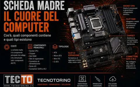 La scheda madre, il cuore del computer, collega tutti i componenti. L'immagine mostra i suoi elementi: CPU, RAM, Chipset e connettori.