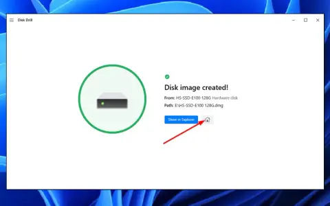 Immagine disco creata con successo. Il percorso del file DMG è visibile, pronto per essere salvato o utilizzato per formattare un disco.