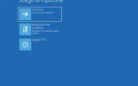 Schermata di scelta opzioni Windows: Continua, Risoluzione problemi o Spegni PC. Utile in modalità provvisoria.