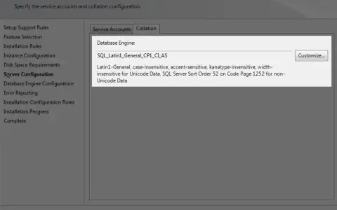 Configurazione server SQL: impostazione del collate Latin1-General_CP1_CI_AS, sensibile alle maiuscole/minuscole e agli accenti.