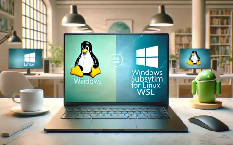 Laptop con Tux (Linux) e logo Windows, che mostra il sottosistema Windows per Linux (WSL). Un'area di lavoro che gestisce il file di paging.