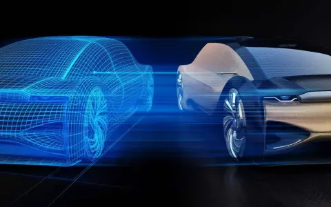 Un'auto futuristica in wireframe blu si confronta con il suo gemello digitale, mostrando la transizione dal virtuale al reale.