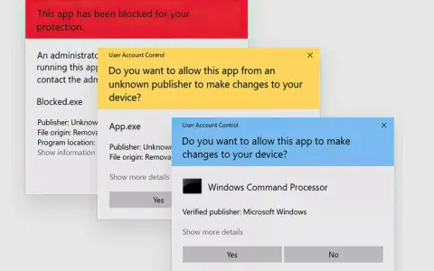 Finestre di dialogo di Windows 10 che richiedono privilegi amministratore per l'installazione di app.