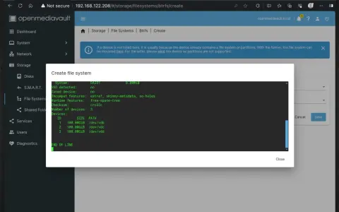 Interfaccia di openmediavault per creare un filesystem RAID1 con tre dischi da 100GB.
