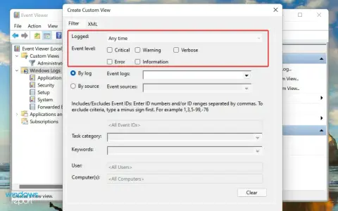 Finestra "Crea vista personalizzata" per il registro eventi Windows. Permette di filtrare per livello, sorgente, ID evento, categoria, parole chiave, utente e computer.
