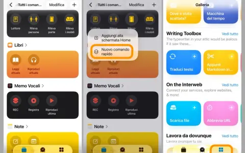 Schermate di iPhone che mostrano la creazione di comandi rapidi. Un pulsante evidenzia "Nuovo comando rapido".