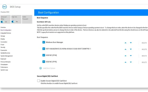 Configurazione avvio BIOS: imposta l'ordine di avvio per aggiornare il firmware. Visualizza le opzioni di avvio UEFI e la gestione delle schede SD.