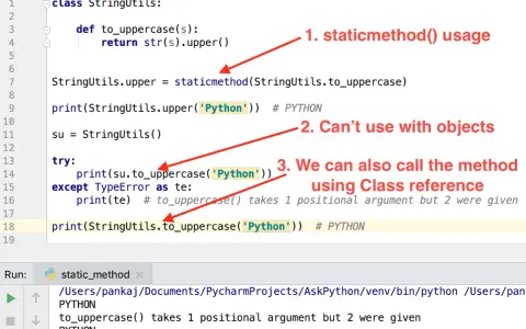Esempio di python static method: mostra come usarlo, che non funziona con oggetti e come chiamarlo tramite la classe.