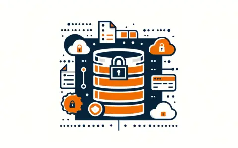 Icone di sicurezza informatica: database protetto, cloud, documenti e ingranaggi.