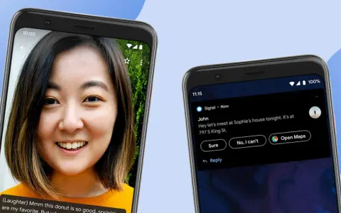 Due smartphone Android mostrano un volto sorridente e una notifica con suggerimenti intelligenti, dimostrando l'intelligenza del sistema Android.