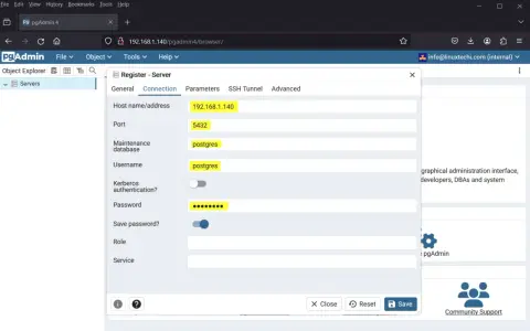 Configurazione server PostgreSQL su Ubuntu tramite pgAdmin 4. Inseriti indirizzo IP 192.168.1.140, porta 5432, utente e database postgres.