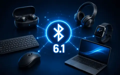 Il simbolo Bluetooth 6.1 collega cuffie, smartwatch, laptop, tastiera e mouse, mostrando il significato della connettività wireless.